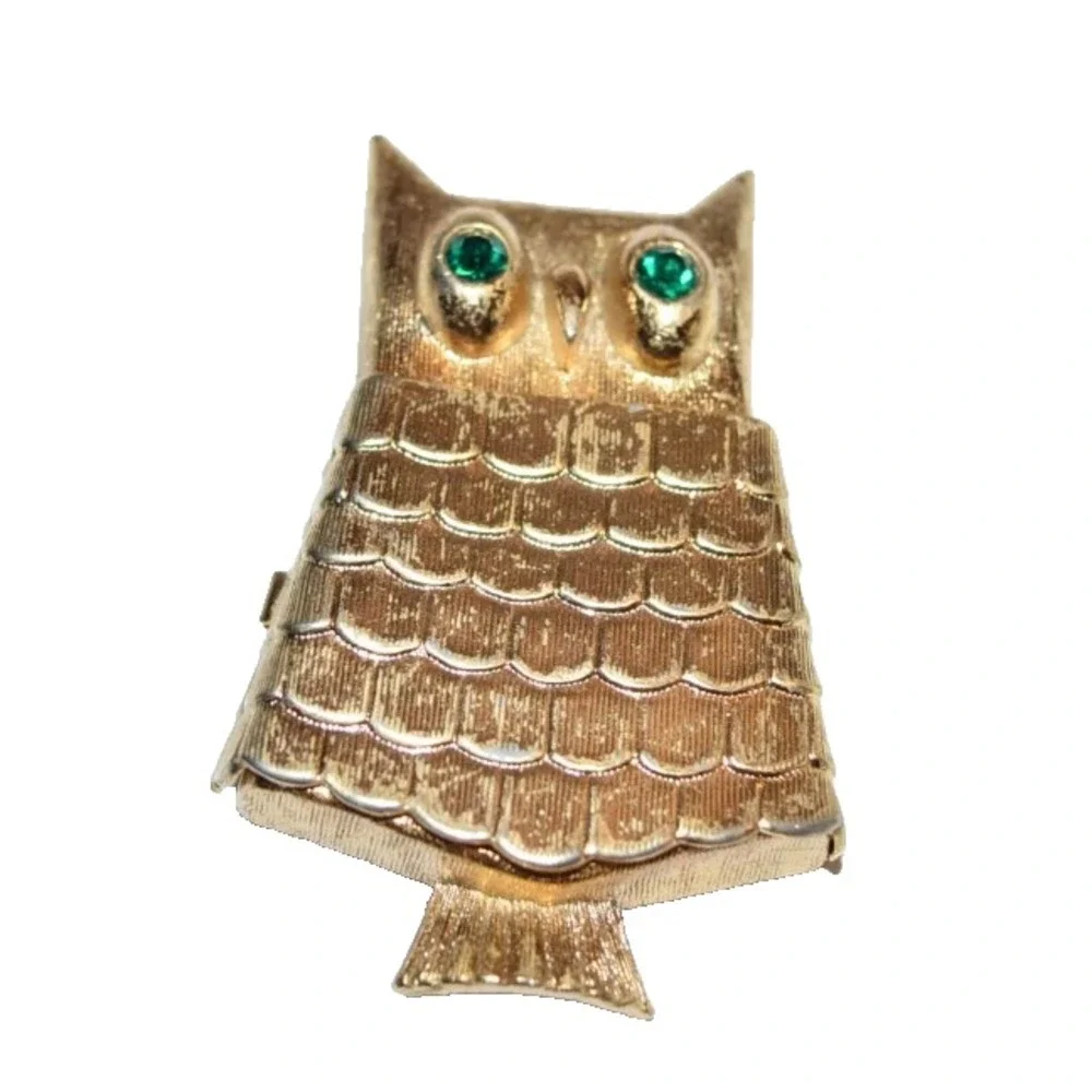 Vtg Jewelry Avon Owl Brooch Pin Locket Gold Tone Green Eyes Glace